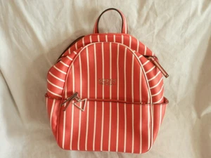 NEW GUESS EVANS RED+WHITE STRIPED PVC SILVER TOP ZIP,BACKPACK,SHOULDER BAG - Picture 1 of 5