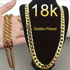 Mens Miami Cuban Link Chain HEAVY 18k Gold Plated Stainless Steel