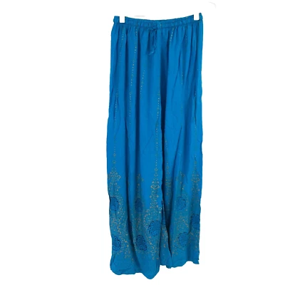 Made in India Blue Stamped Elastic Waist Wide Leg Gaucho Harem Pants  - Image 1 of 4