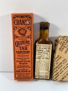 Antique Crane's Quinine and Tar Med Bottle w/Original Contents and Packaging NOS