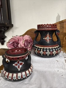 Set Of 2 VTG Tbilisi Georgian Folk Art Vase Pot Enamel Glaze Pierced Rim Pottery - Picture 1 of 18