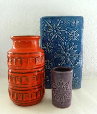 3 x FAT LAVA Stil Keramik Vase Vintage Scheurich  263-21 blau,  203-15, u.a. - Bild 1 von 4