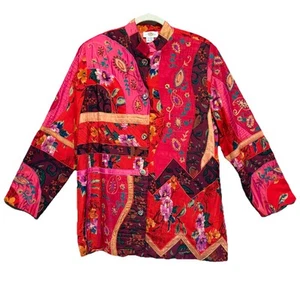 Chaqueta Sandy Starkman Usable Arte Con Cuentas Mediana Roja Floral Bordada Oriental - Imagen 1 de 8