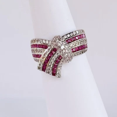 Bomb Party July Bow Ring - RG43415 "Scarlet Embrace"  on Rhodium Sz 9 - Image 1 of 4