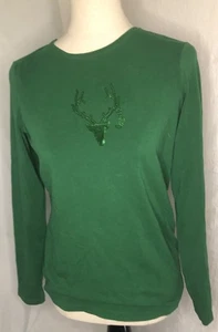 Liz Claiborne festliches grünes Langarm-Top Regen Hirsch Damengröße Medium - Bild 1 von 3