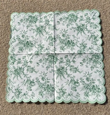Laura Ashley 2 Individual Napkins Green Toile Cocktail Paper Scallop Decoupage - Image 1 of 4