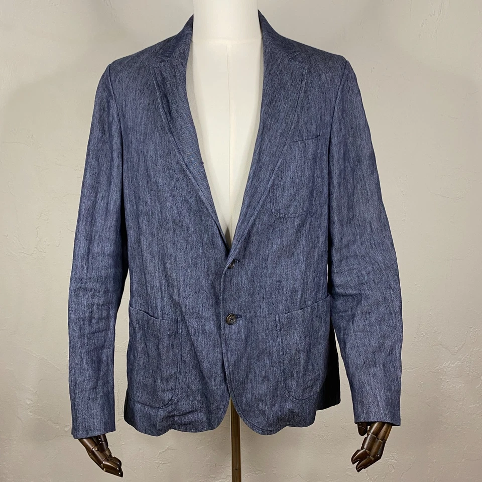 Blazer Vince Masculino Médio Algodão Linho Denim Chambray Azul Jaqueta Não Estruturada - Imagem 1 de 4