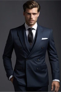 Men's Dark Blue Double-Breasted 3-Piece Suit – Elegant Formal Attire - Picture 1 of 8