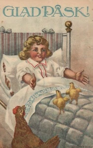 Little Girl with Hen and Chicks Lovely Easter Postcard - Picture 1 of 2