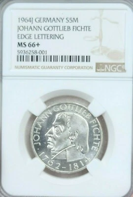 1964 GERMANY SILVER 5 MARK JOHANN GOTTLIEB FICHTE NGC MS 66+ SCARCE HIGH GRADE - Image 1 of 4