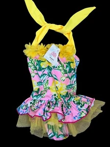 Girls 24M One Piece Swimsuit Pink Yellow Hawaiian Floral Ties Neck Tutu - Picture 1 of 9