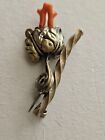 Antique Victorian Coral Thistle Flower Brooch pin 10K  over Silver Metal