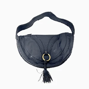 BCBGirls Black Leather Boho Southwestern Hobo Tassel Purse Whipstitch Handbag - Picture 1 of 9