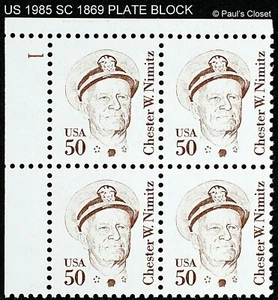 US 1985 SC 1869 50¢ BROWN C. NIMITZ PLATE BLOCK TAGGED MINT NEVER HINGED OG VF - Picture 1 of 2