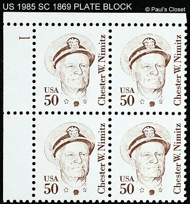 US 1985 SC 1869 50¢ BROWN C. NIMITZ PLATE BLOCK TAGGED MINT NEVER HINGED OG VF - Image 1 of 2