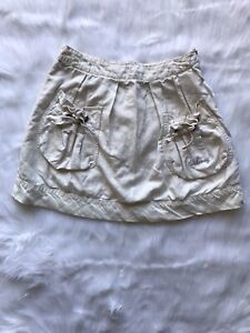 Burberry Sz 14y Girls Solid Off White Canvas Linen Skirt Pockets