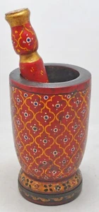 Hand Carved Fine Painted Hard Wood Kitchenware Ukli Mortar & Pestle Grinder - Picture 1 of 5