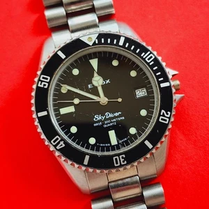 Edox Sky Diver Vintage Watch Black Dial ETA 955.114 Case Bezel & Bracelet Swiss - Picture 1 of 10