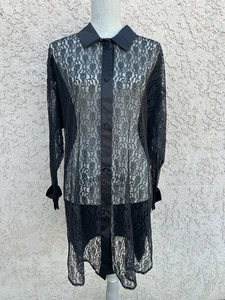 VTG Victorias Secret Gold Label Black Lace Button Down Sleep Shirt Nightgown M/L - Picture 1 of 7