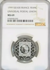 1999 FRANCE SILVER 1 FRANC UNIVERSAL POSTAL UNION NGC MS 69 RARE TOP POP 1 - Picture 1 of 4