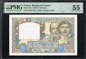 France 20 Francs P92b 1941 PMG55 aUNC Banknote French BEAUTIFUL CLASSICAL DESIGN - Picture 1 of 2