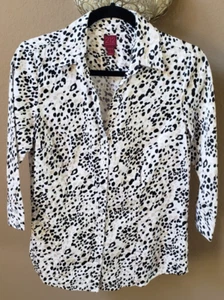 212 Collection Sz Small Black Beige Animal Print Cotton 3/4 Sleeve Button Down - Picture 1 of 7