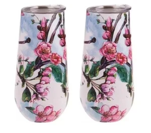 2x Insulated Double Wall Champagne Flutes Picnic Beach BBQ 180ml Spring Blossom - Picture 1 of 2