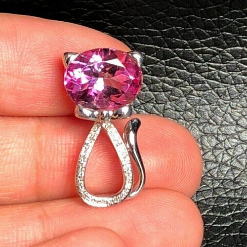 VETEMENTS Ciondolo Ciondolo Gatto Zaffiro Rosa 2 62 Ct Taglio Ovale Simulato Oro Bianco 14k