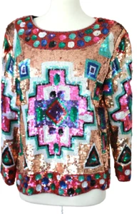 Paillettes geometriche retrò grafica azteca vintage anni 80 perline 100% seta donna L rare - Foto 1 di 8