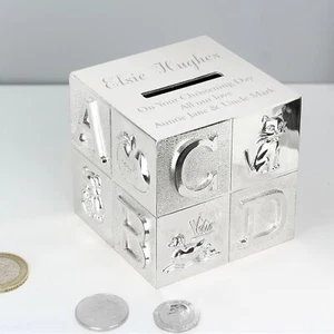 Engraved ABC Silver Plated Money Box Christening Baptism Communion Gift Boy Girl - Picture 1 of 6
