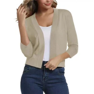 Womens Knitted Cropped Bolero Shrug 3/4 Sleeve Open Front Sweater Cardigan Solid - Picture 1 of 26