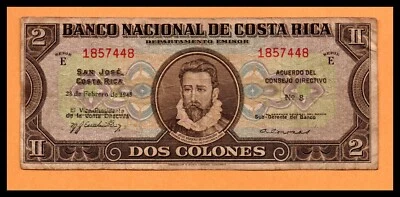 Costa Rica VF Nota 2 (Dos) Colones 1945 P-201d Foto 1 de 2