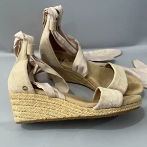 UGG Trina Jute Wildleder Keilabsatz hellbraun Espadrille Knöchel Band Krawatte Sandalen Größe 6,5 - Bild 1 von 13