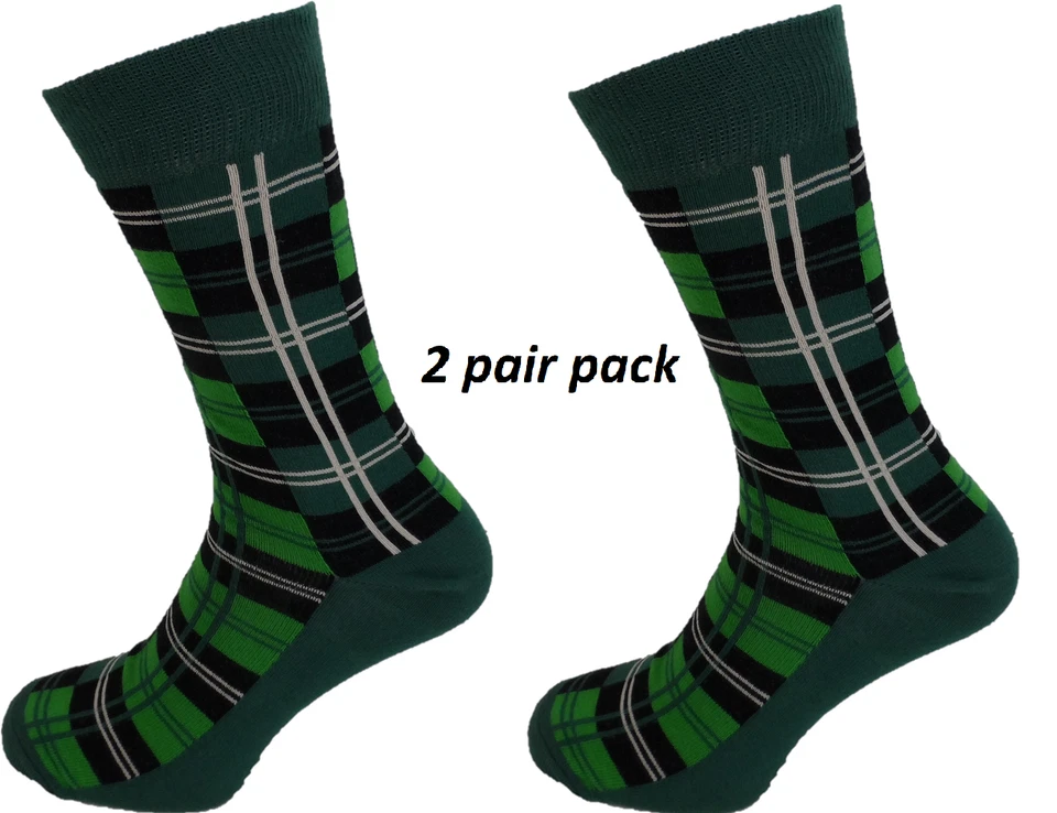 MACAHEL Mens 2 Pair Pack Green Tartan Socks