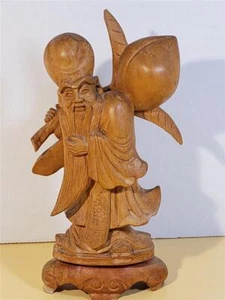 De Colección Confucio Chino Shou Lao Melocotón Inmortal Longevidad Tallada Hombre Estatua Madera - Imagen 1 de 12
