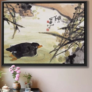 Chinese Painting Bird Canvas Wall Art Print Japanese Ink Nature Pond Decor - Picture 1 of 9