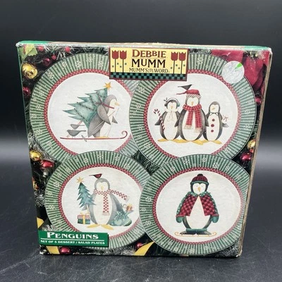 Vintage Debbie Mumm Set of 4 "Penguins" Salad/Dessert 8.25" Holiday Plates 1998 - Image 1 of 4