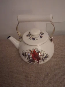 Lenox Winter Greetings Metal Enamel Tea Kettle Cardinal Holly PineConesNeverused - Picture 1 of 4