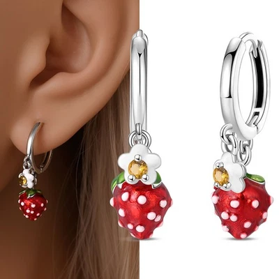 PANDACH 925 Sterling Silver Sweet Strawberry Drop Earrings For Women Girls Gift - Image 1 of 4
