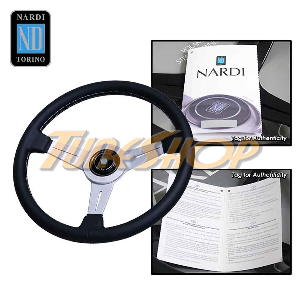 ITALY NARDI CLASSIC 330MM STEERING WHEEL SILVER SPOKE BLACK LEATHER GREY S - Image 1 of 1
