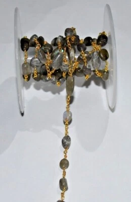 Cadena de rosario con cuentas de piedras preciosas ovaladas de labradorita, cadena para hacer joyas enchapada en oro Foto 1 de 4