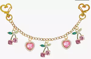 BAG CHARM-Pink Rhinestone Heart and Cherry Bag Purse Chain Charm Heart & Cherry - Picture 1 of 1
