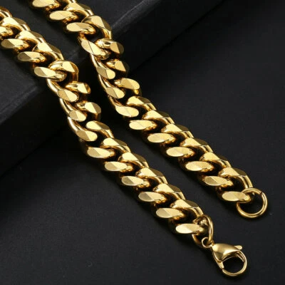 Collar de cadena de acero inoxidable de 16"-36" para hombre chapado en oro bordillo cubano 3/5/7/9/11 mm Foto 1 de 4