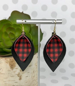 New Faux Vegan Leather Red & Black Buffalo Plaid Teardrop Leaf Earrings Pinched  - Picture 1 of 4