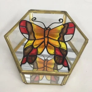 Vtg Walmart Glass & Brass Trinket Jewelry Box Mirror Bottom Painted Butterfly - Picture 1 of 8