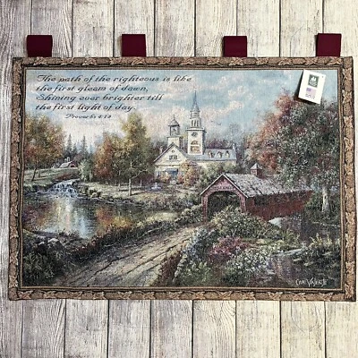 New Maple Creek Tapestry Wall Hanging Proverbs Covered Bridge Country Church USA - Image 1 of 4