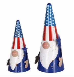 Two NIB 12 & 16" Tall Outdoors Gnomes, Americana Metal Statue Yard Art Figurines - Picture 1 of 5
