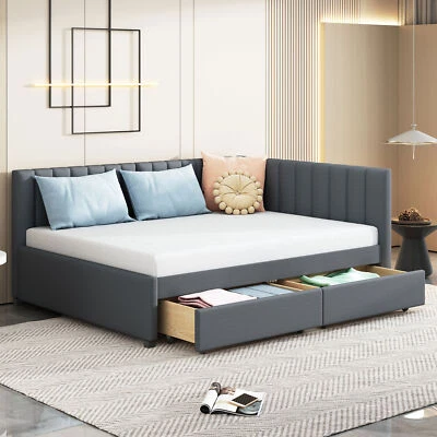 Upholstered Daybed Full Size Corner Daybed Frame Linen Sofa Bed with Wood Slats - Image 1 of 4