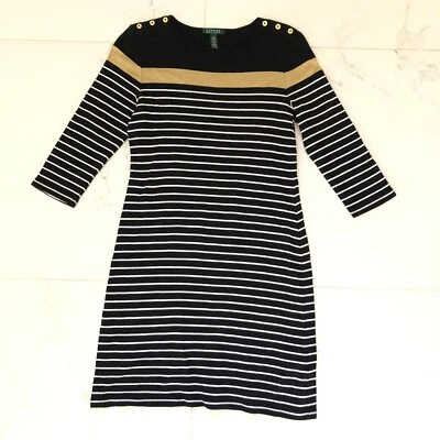 Vestido suéter tejido Ralph Lauren para mujer a rayas negro dorado blanco talla L grande Foto 1 de 4