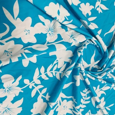 White flowers with Blue backgroud Stretch Fabric Spandex by Yard for Swimwear - Image 1 of 4